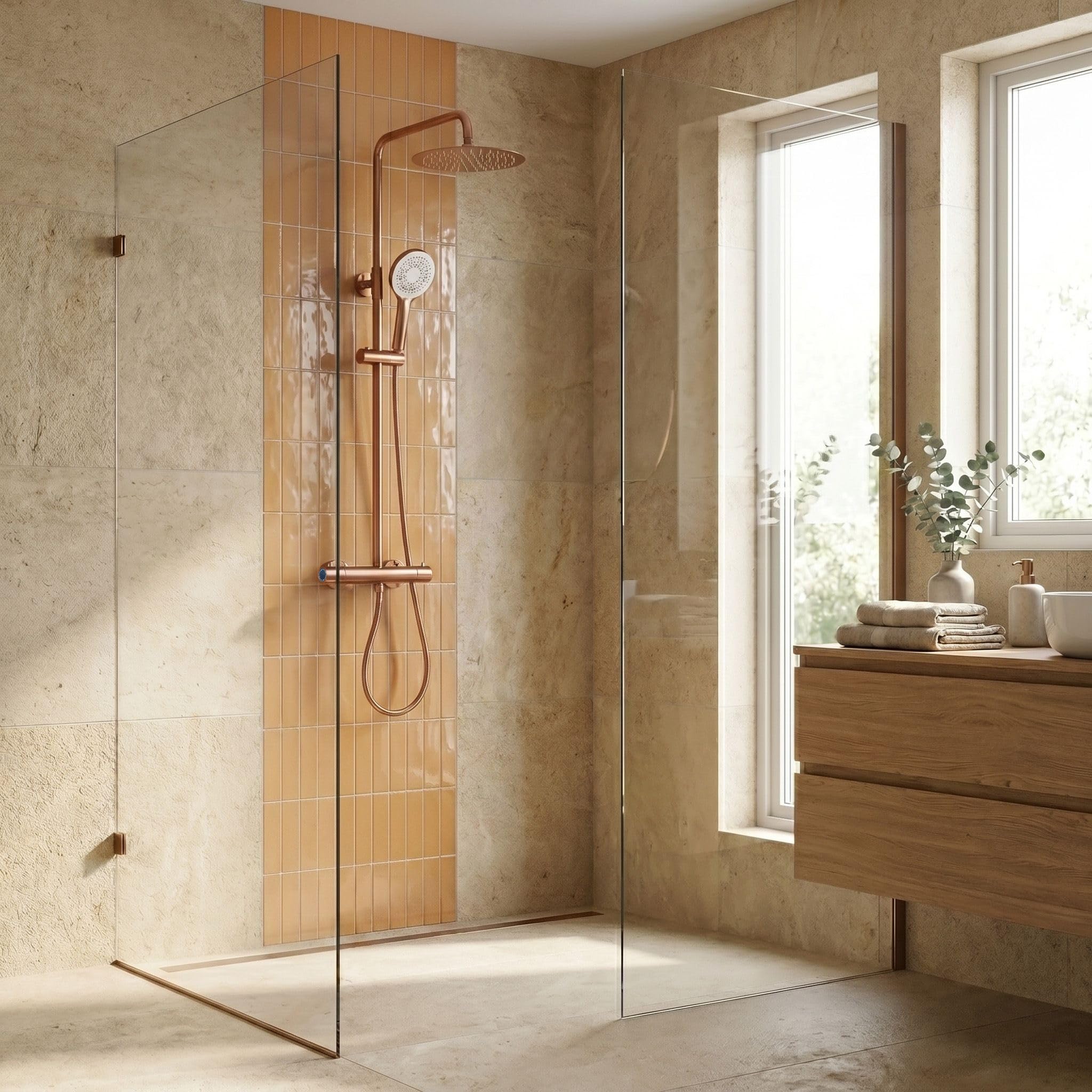 Rea - Zestaw Prysznicowy Natryskowy Z Termostatem Drop Miedź Szczotkowana - 33x15x120,5 cm