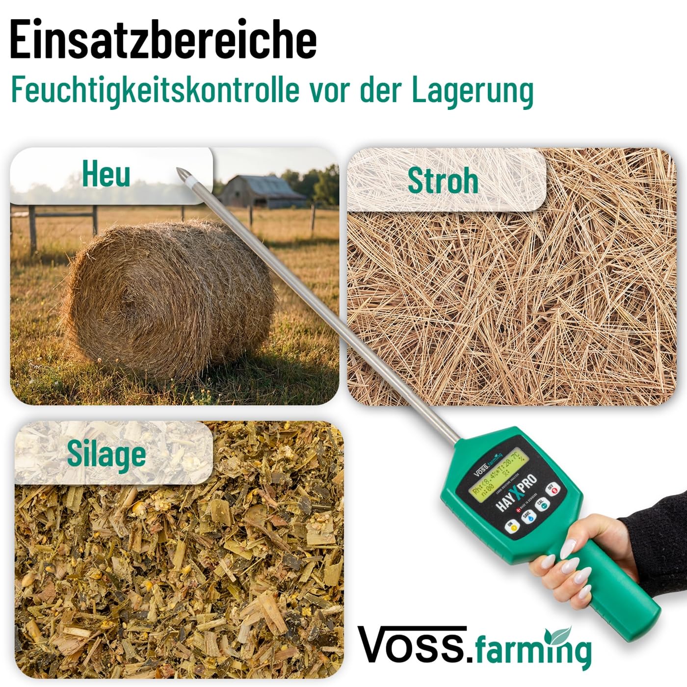 VOSS.farming HayXpro Feuchtigkeitsmessgerät für Heu, Stroh und Silage, Heufeuchtemesser, 50cm Sonde, 8,5-80%, Feuchtigkeitskontrolle, Temperaturkontrolle