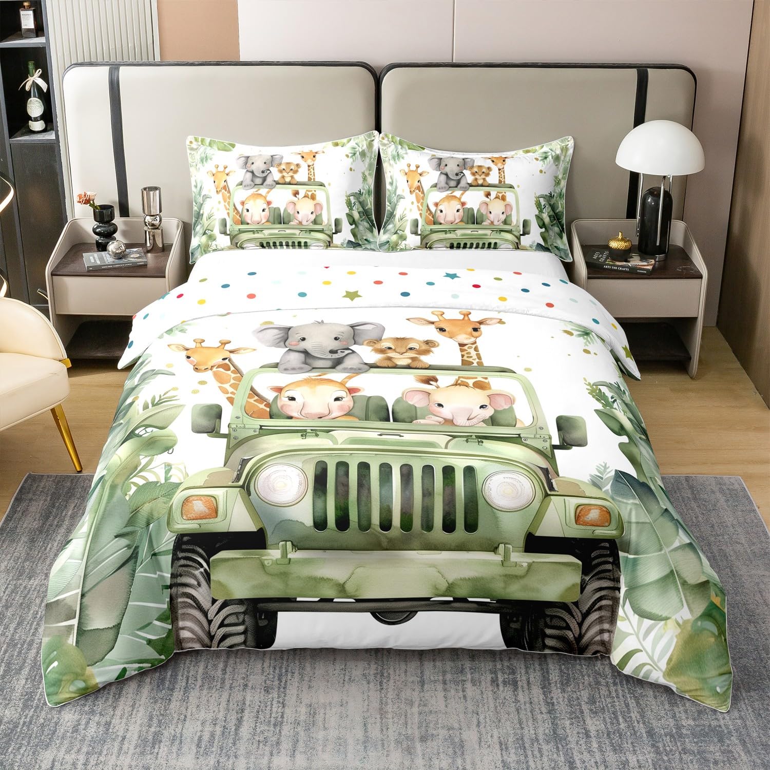 Homewish Coton Dessin Animé Girafe Literie Set 220x240,2 Taies d'oreiller,Éléphant Housse de Couette,Thème Animal Parure de Lit,Camion Linge de Lit,Plantes Tropicales Couvre Lit,Vert Blanc