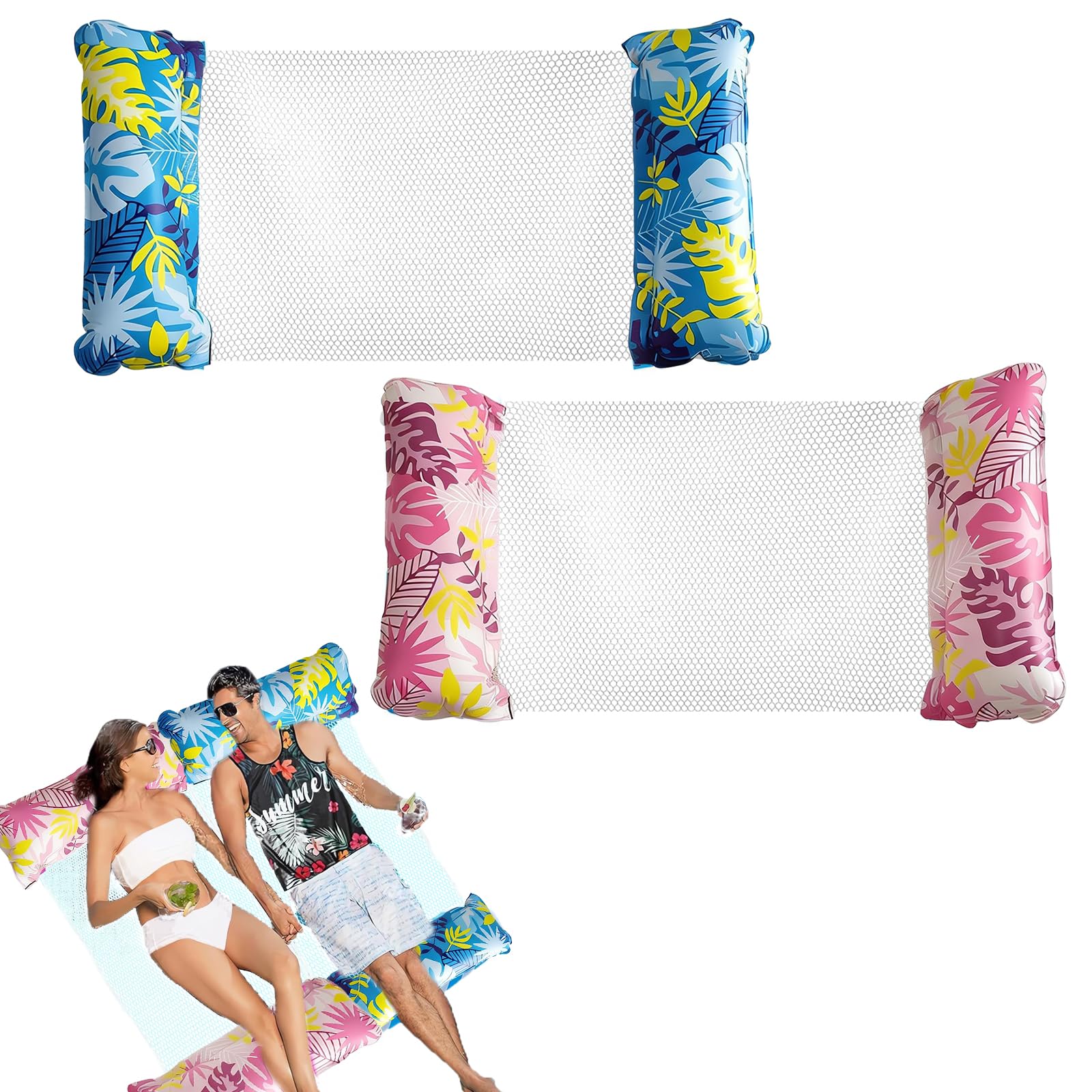 2 Pack Inflatable Pool Wammock, 4-in-1 Multi-Purpose Water Pool Float, Water Hammock for Pool Beach Vacation (Blue and Pink) - 1
