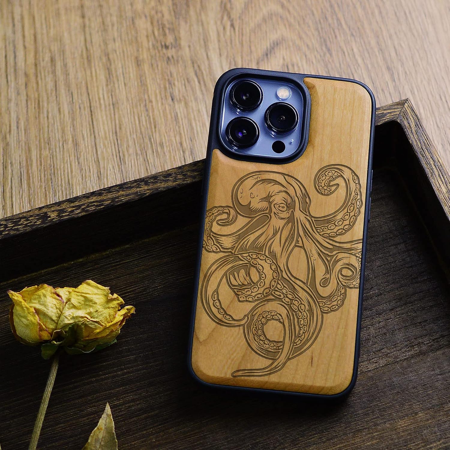 Carveit Magnetic Wood Case for iPhone 13 Pro Case [Natural Wood & Black Soft TPU] Unique & Classy Wooden Shockproof Protective Cover Compatible with MagSafe (Octopus Drawing -Cherry)