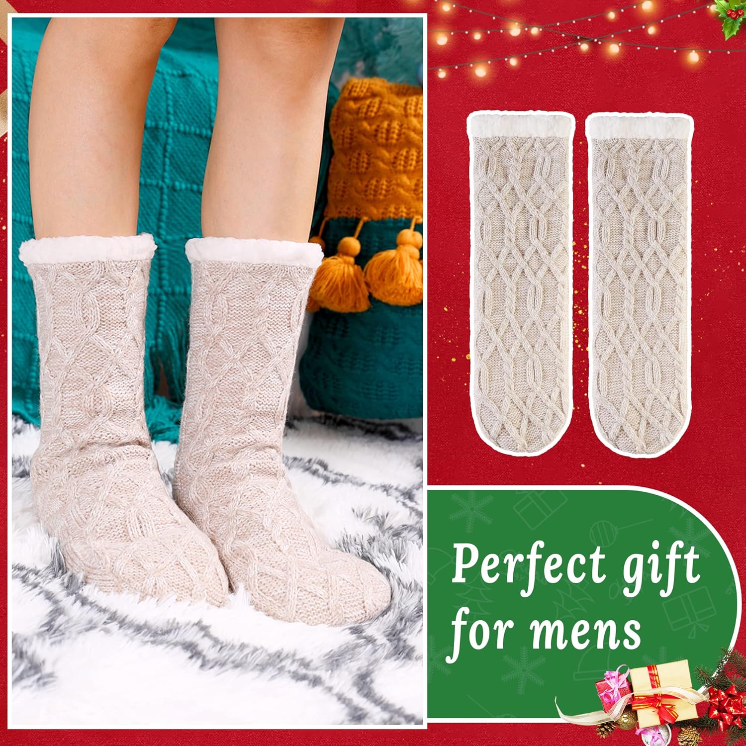 Women Winter Socks Knit Anti-Slip Sweat Warm Cute Cartoon Animals Fuzzy Home Slipper Socks Beige