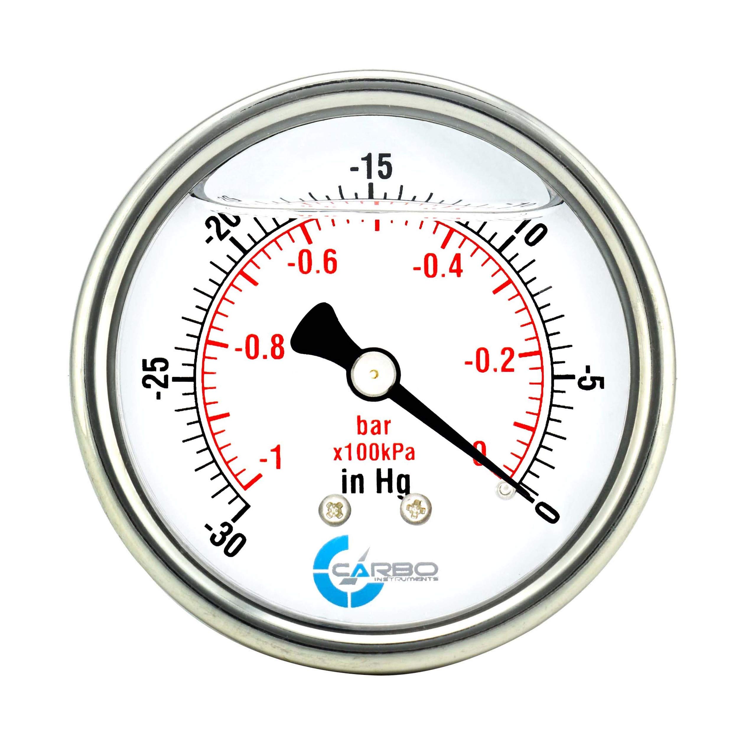 CARBO Instruments 1-1/2" Pressure Gauge, Stainless Steel Case, Chrome Plated Brass Connection, Lqiuid Filled, Vacuum -30 Hg/0, Back Mount 1/8" NPT