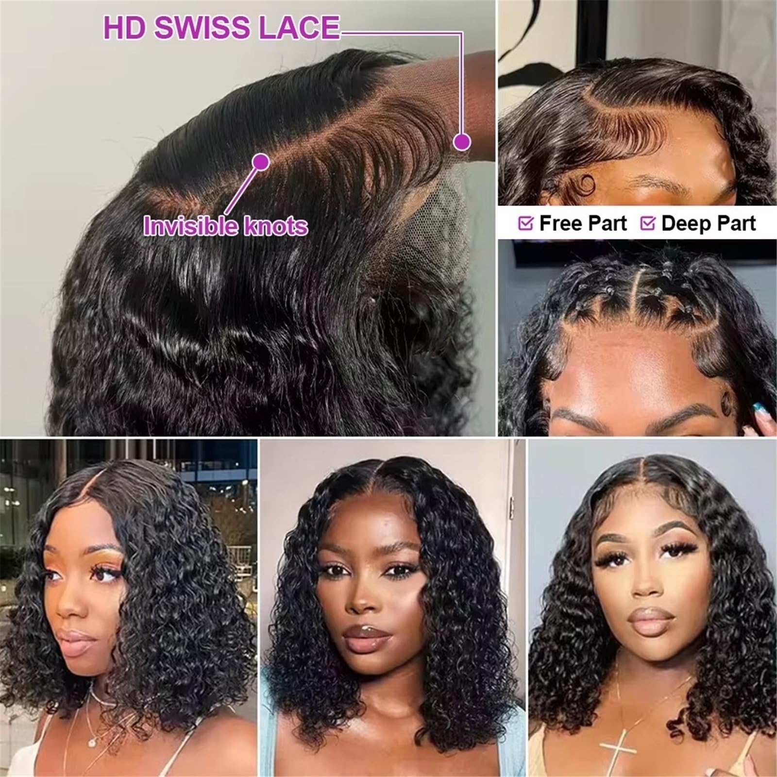 Mujer Pre corte ningún cabello humano de la peluca sin pegamento rizado las pelucas onda agua 7x5 del pre desplumado(10inches)