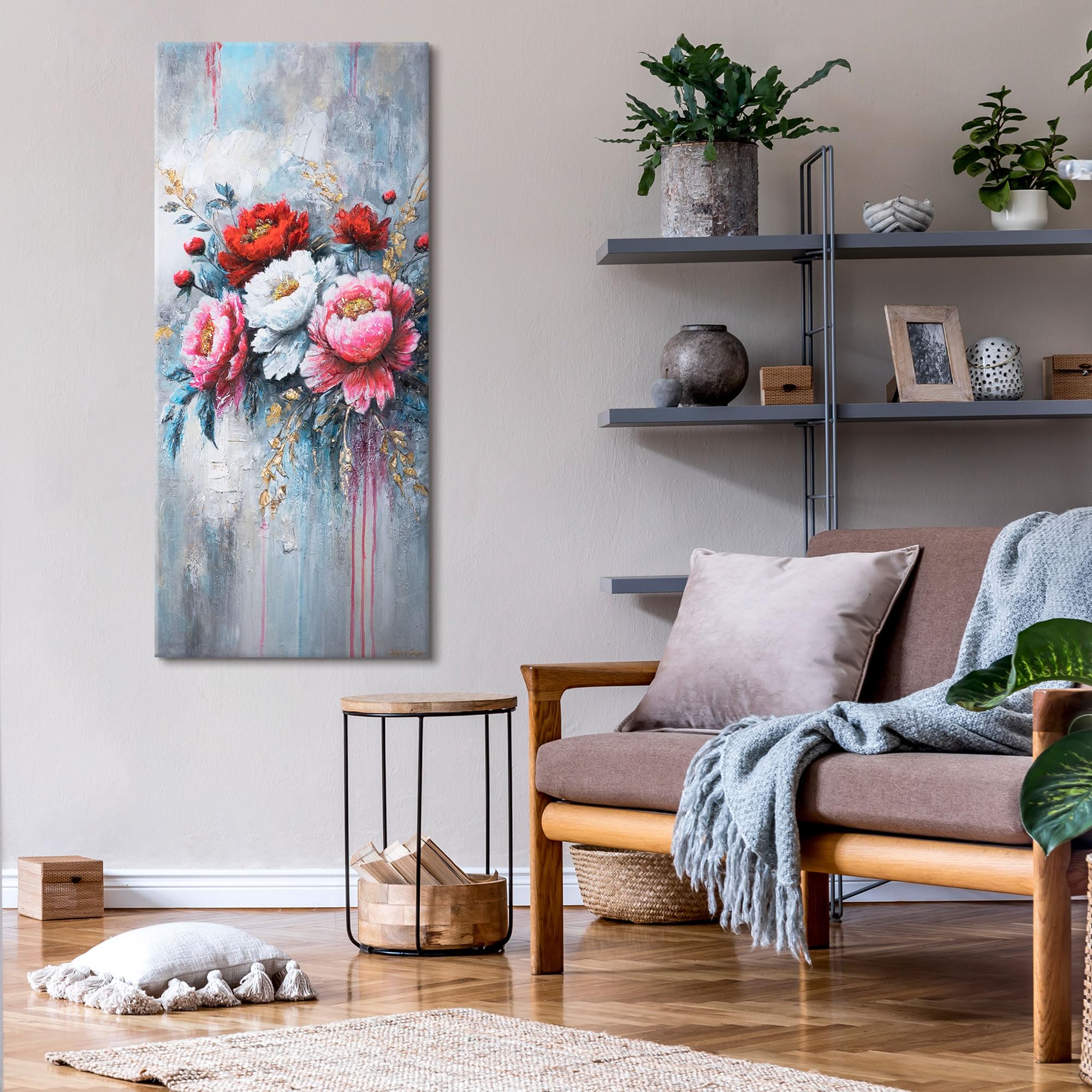 YS-Art Dipinto Acrilico Originale | Elegante Bouquet di Peonie | Tela Floreale Sofisticata | Arte Moderna da Parete per Soggiorno 115x50 cm