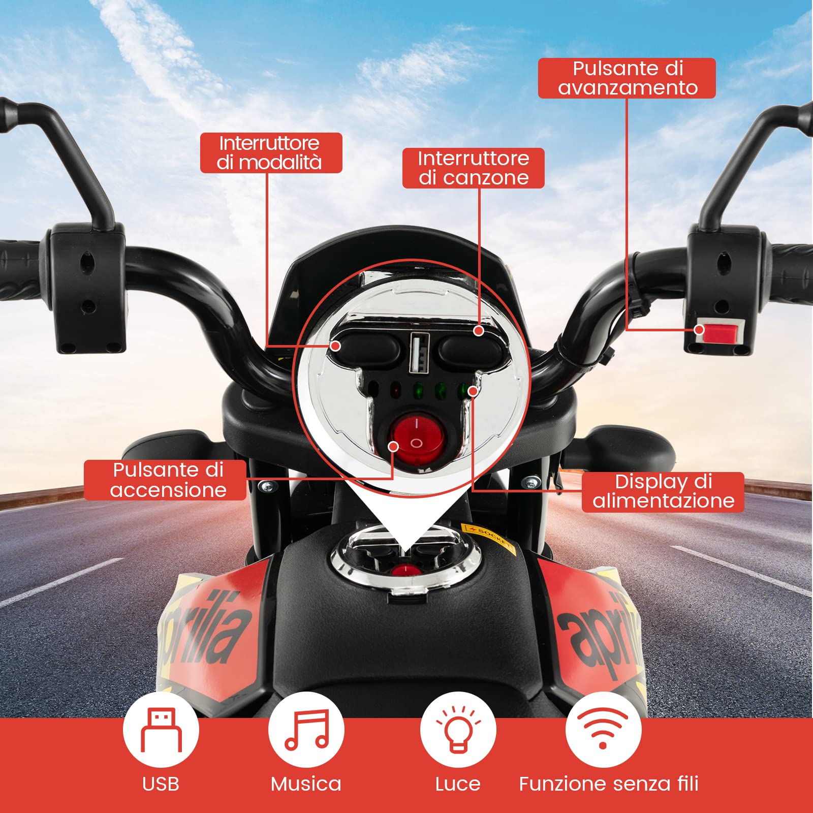 COSTWAY 12V Aprilia Moto Cavalcabile per Bambini, Motocicletta Elettrica con Ruote Ausiliarie e Musica Wireless, Sospensione a Molla, Moto Elettrica alla Moda per Bambini 3-8 Anni (Nero)