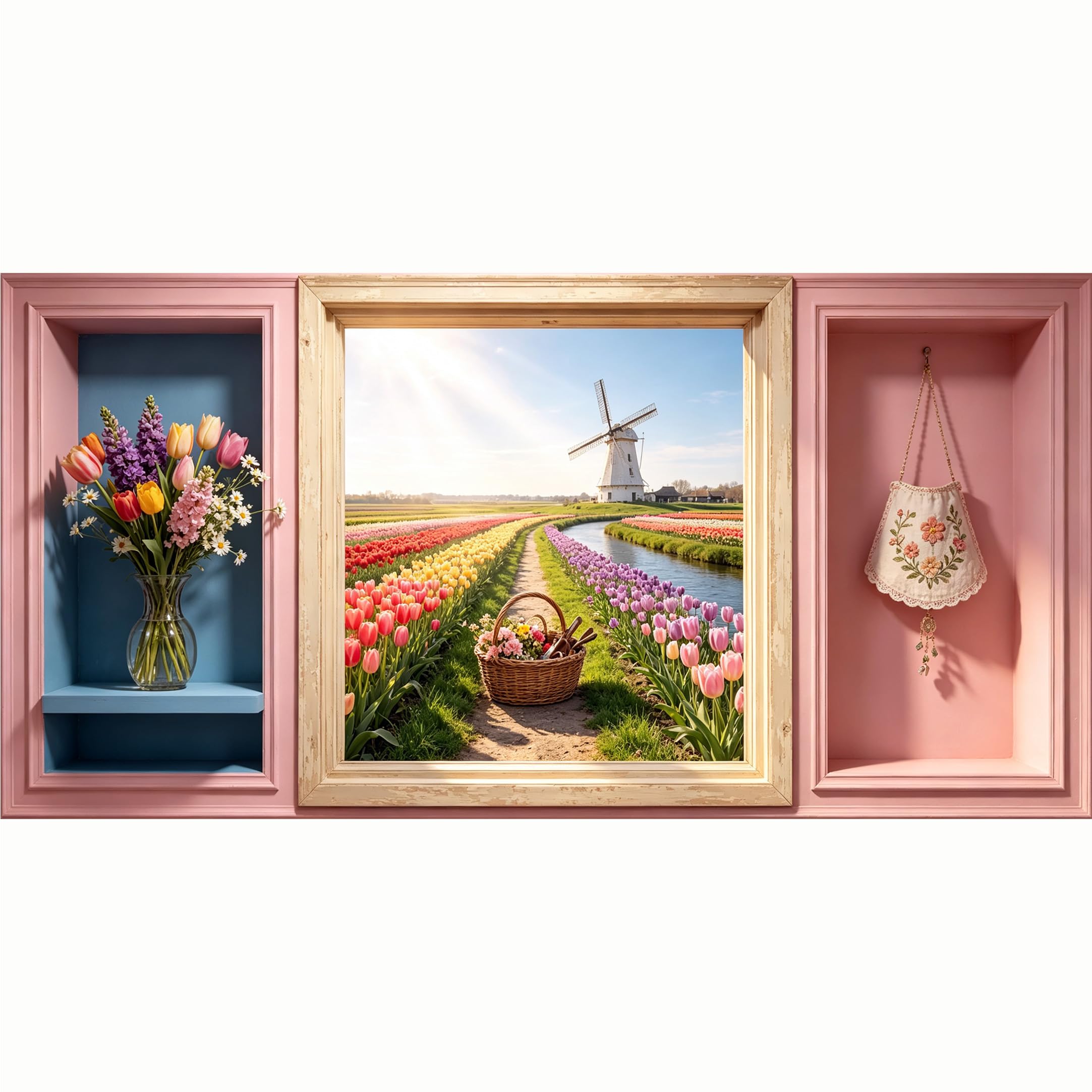 QZLITHOTIC 50x100cm 3D Framed Wall Art， Dutch Windmill Tulip Field Landscape SelfAdhesive Mural， WaterActivated Peel & Stick Fabric Decor Wall Decal for Bedroom Living Room