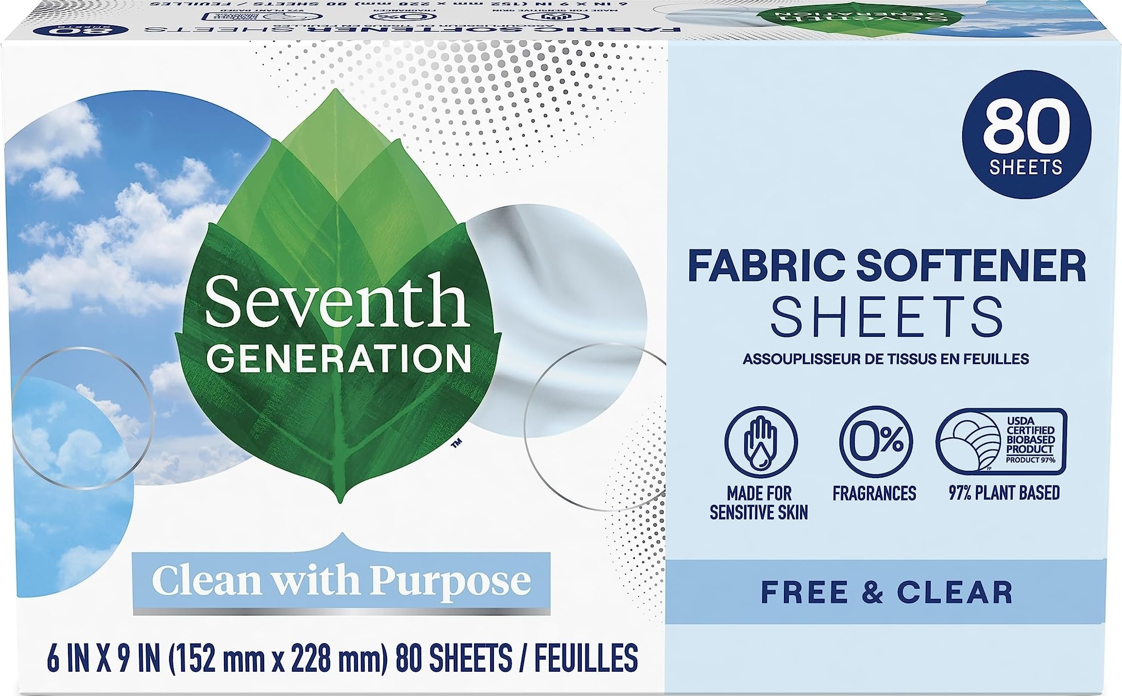 Seventh Generation Dryer Sheets Laundry Fabric Softener, Free & Clear Made for Sensitive Skin, 80 Sheets