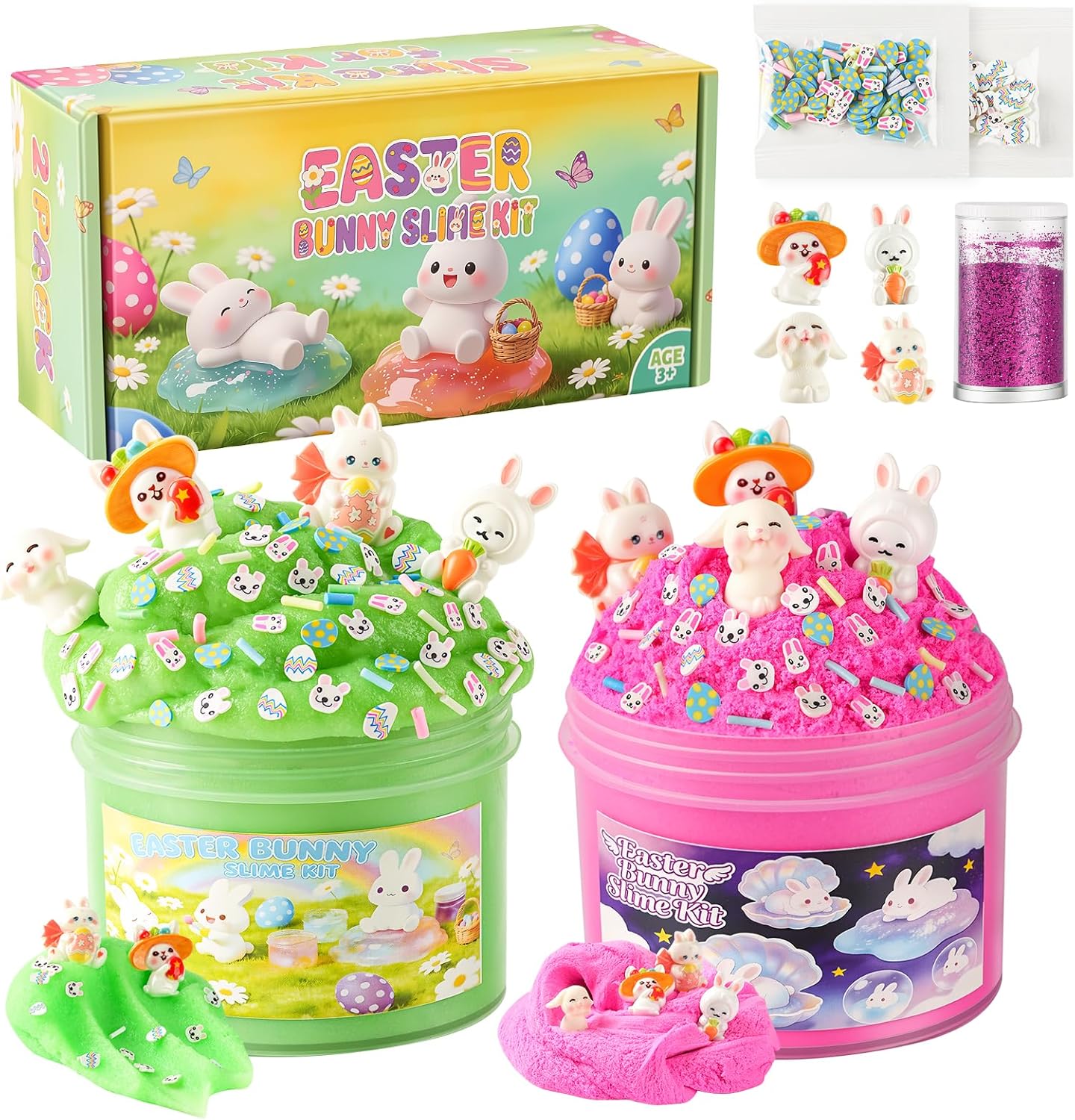 2 Pack Bunny Cloud Slime Kit for Girls Boys - Scented Fluffy Cloud Slime with Cute Bunny Charms - Non-Sticky Sensory Fidget Toys for Stress Relief & ASMR - DIY Slime Gift for Kids