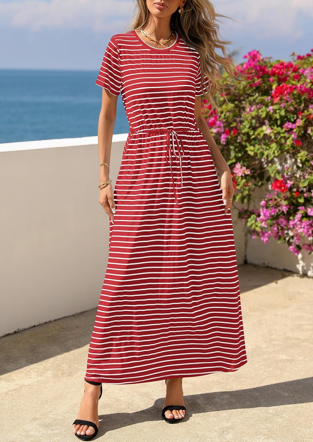 NALANISA Women's Summer Maxi Dresses 2026 Casual Short Sleeve Striped Drawstring Waist Loose Fit T Shirts Dress Beach Outfits - Image 2