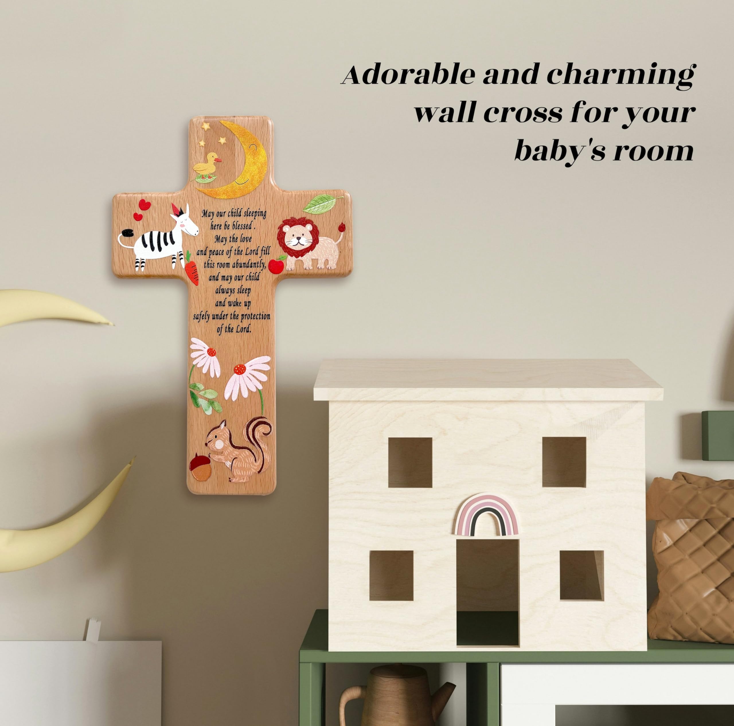 Oraaham Baby Wall Cross-Decorative Wood Cross & angel Child room Wall Hanging for Nursery Perfect Keepsake Baptism, Christening Gift for Boys&Girls