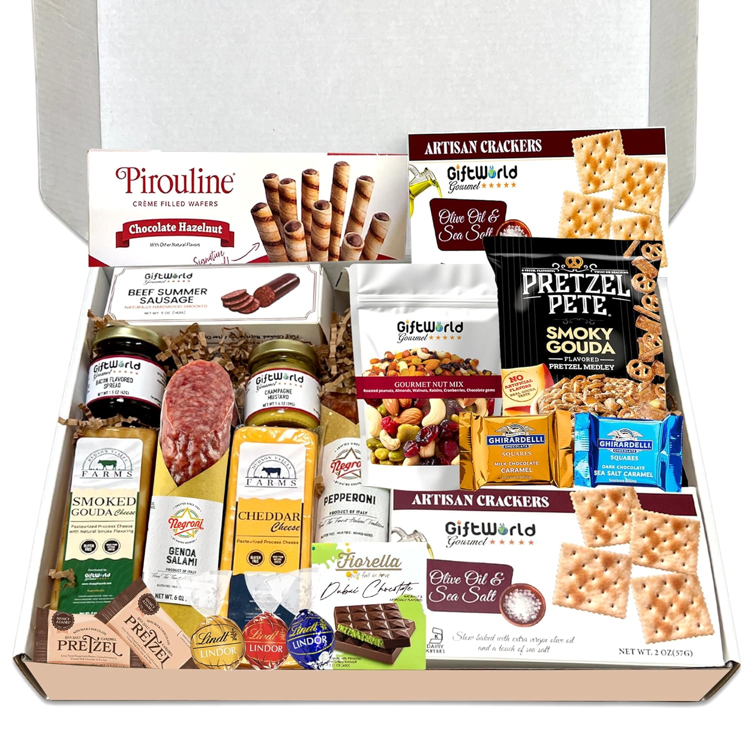 Deluxe Meat and Cheese Gift Basket - Gourmet Charcuterie Assortment Charcuterie Food Items with Imported Chocolates Lindt, Ghirardelli, and Dubai Chocolate, Food Gifts for Men, Tailgating, Business, Care Packages, Holiday Special, and Christmas Gifts - 19 item Bundle