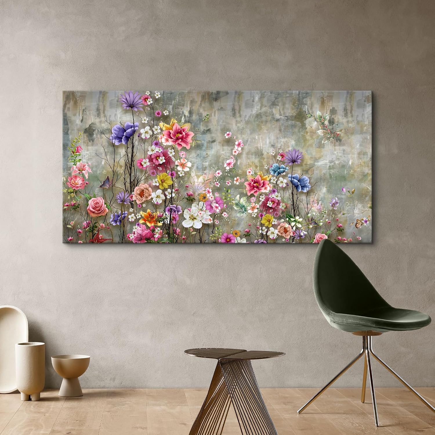 Craftline - Abstract Colorful Floral Botanical Garden Canvas Wall Art, Flowers with Butterflies Nature Plant Prints Painting Vintage Framed Texture Artwork for Living Room Home Decor 32x16inch