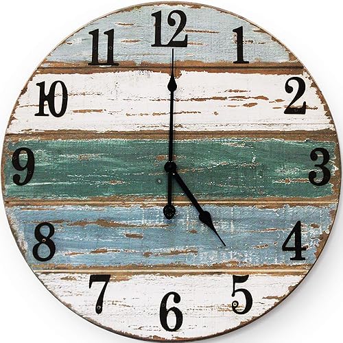 Wall Charmers - Reloj de pared rústico, de madera real con números de metal, hecho a mano, reloj de pared de playa, grande y fácil de leer, 18