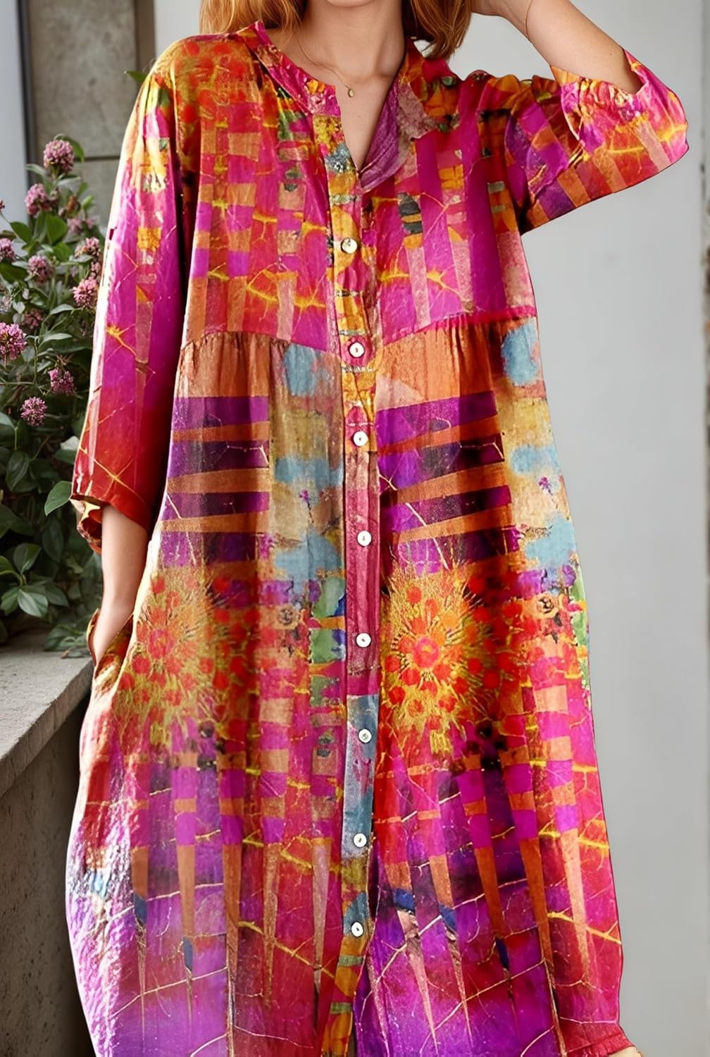 Akivide Womens Button Down Boho Floral Print Shirt Dresses Casual Loose 2025 Fall Long Sleeve V Neck Midi Dress with Pockets - Image 2