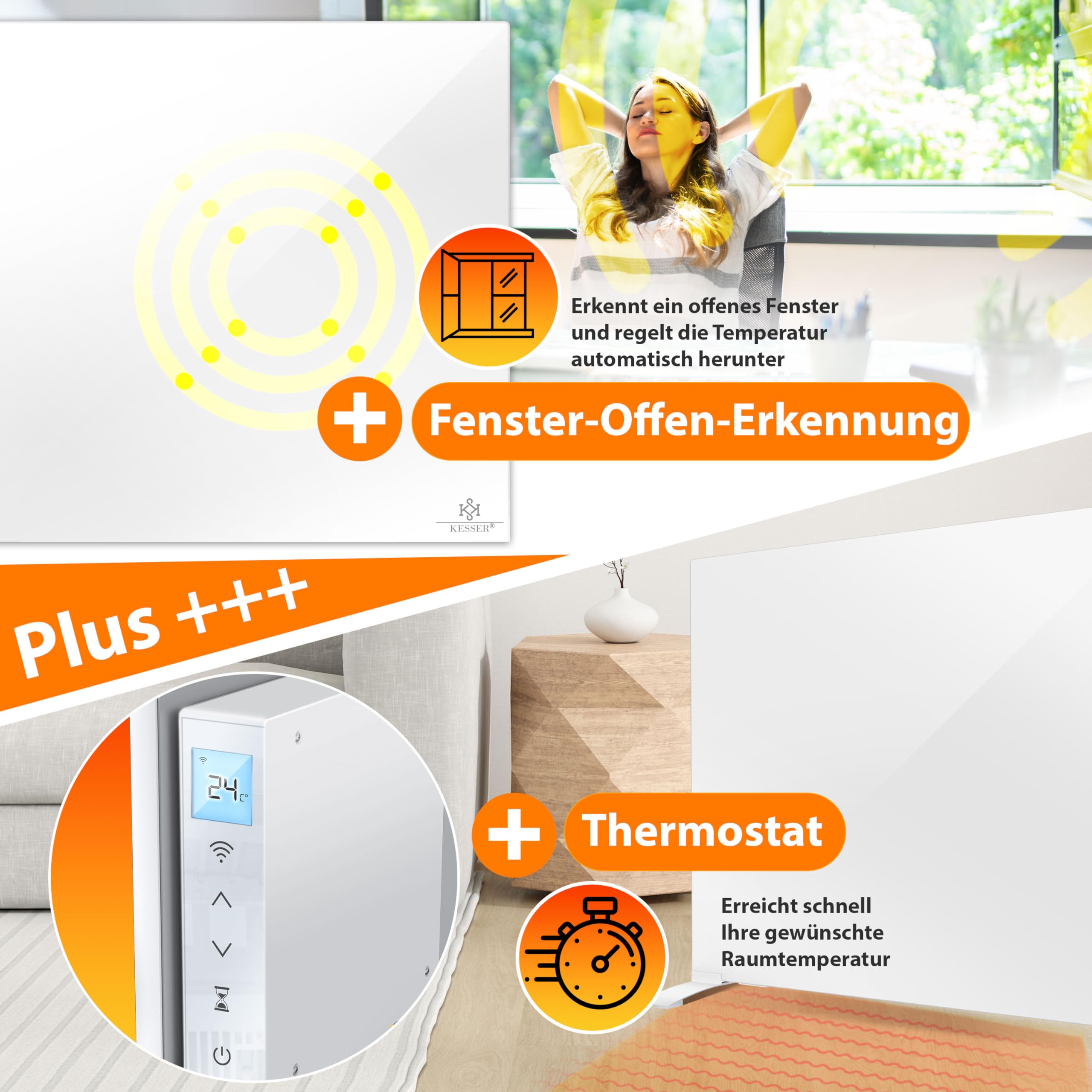 KESSER® Radiatore a infrarossi 520 W, riscaldamento in alluminio a risparmio energetico, 2 in 1, dispositivo su piedistallo e montaggio a parete con rilevamento finestra aperta + telecomando e