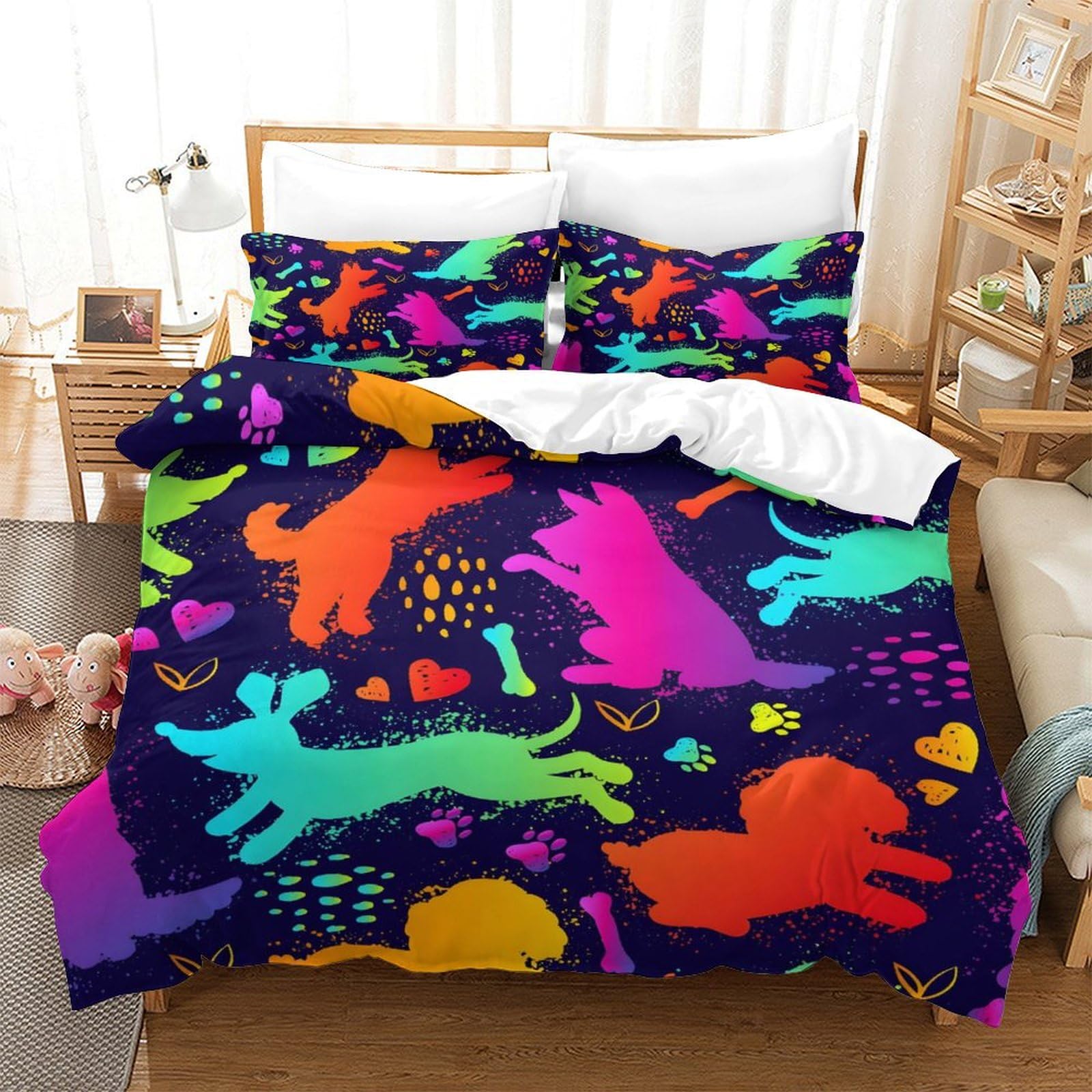 GDEKCIEAS Neon Cute Dogs Funny Puppies Boys Bedding Set 3D Bedding Duvet Cover Set Comforter Cover Set Bedspread Cover Bedroom Quilt Cover 3Pcs Double（200x200cm）