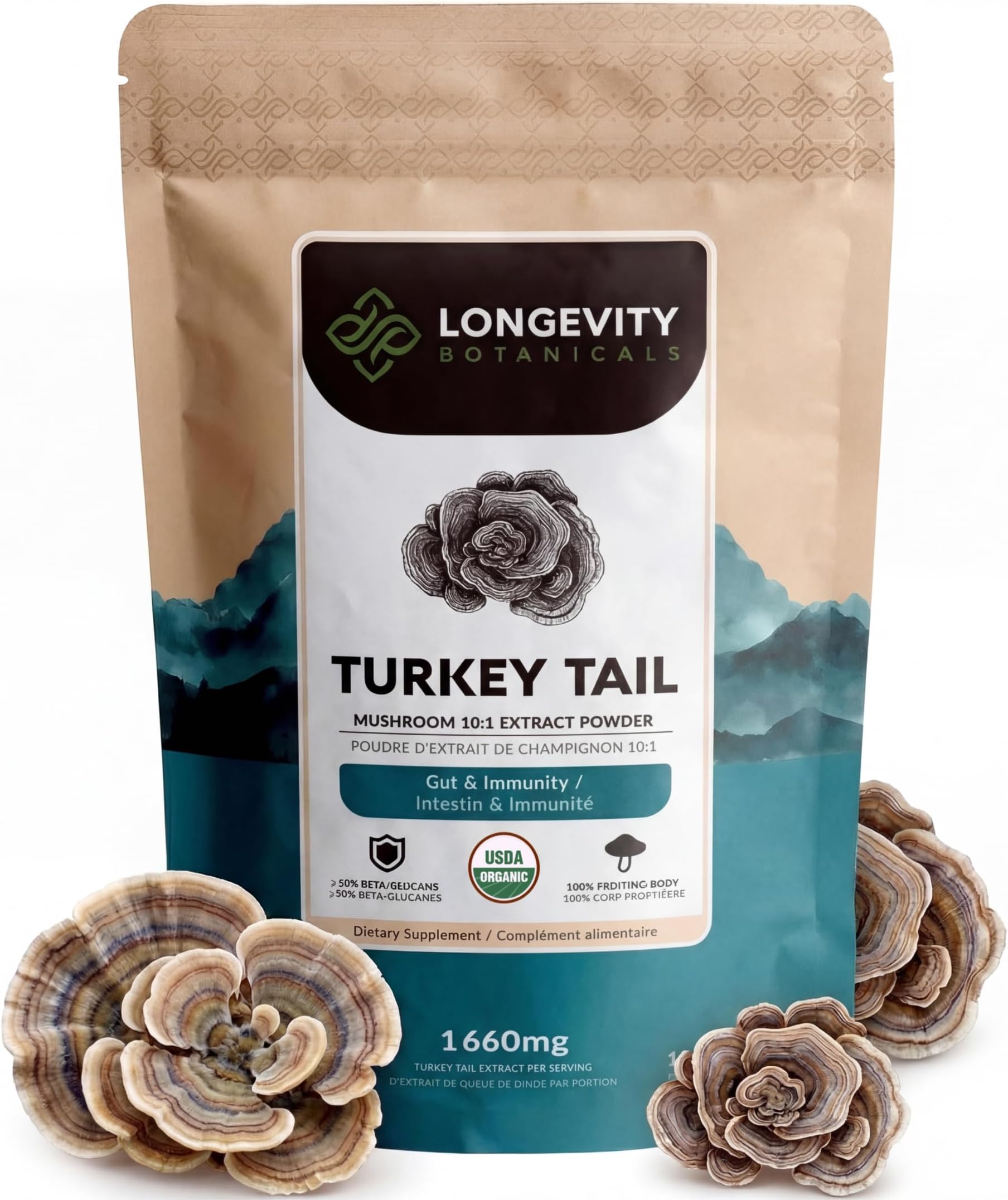 Longevity Botanicals Organic Turkey Tail Mushroom Powder - Turkey Tail Mushroom Supplement - Promotes a Balanced Immune and Digestive System - 100% Fruiting Body - 100 Grams