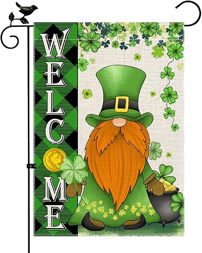 XIFAN Bandera de jardín del día de San Patricio de arpillera pesada trébol gnomo bandera de bienvenida monedas doradas búfalo de doble cara tamaño