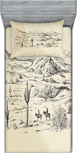 Miniatura 287 de Ambesonne Juego de sábanas bajeras y fundas de almohada occidentales, sombrero de vaquero con temática del salvaje oeste y cuerda de ganadería vieja