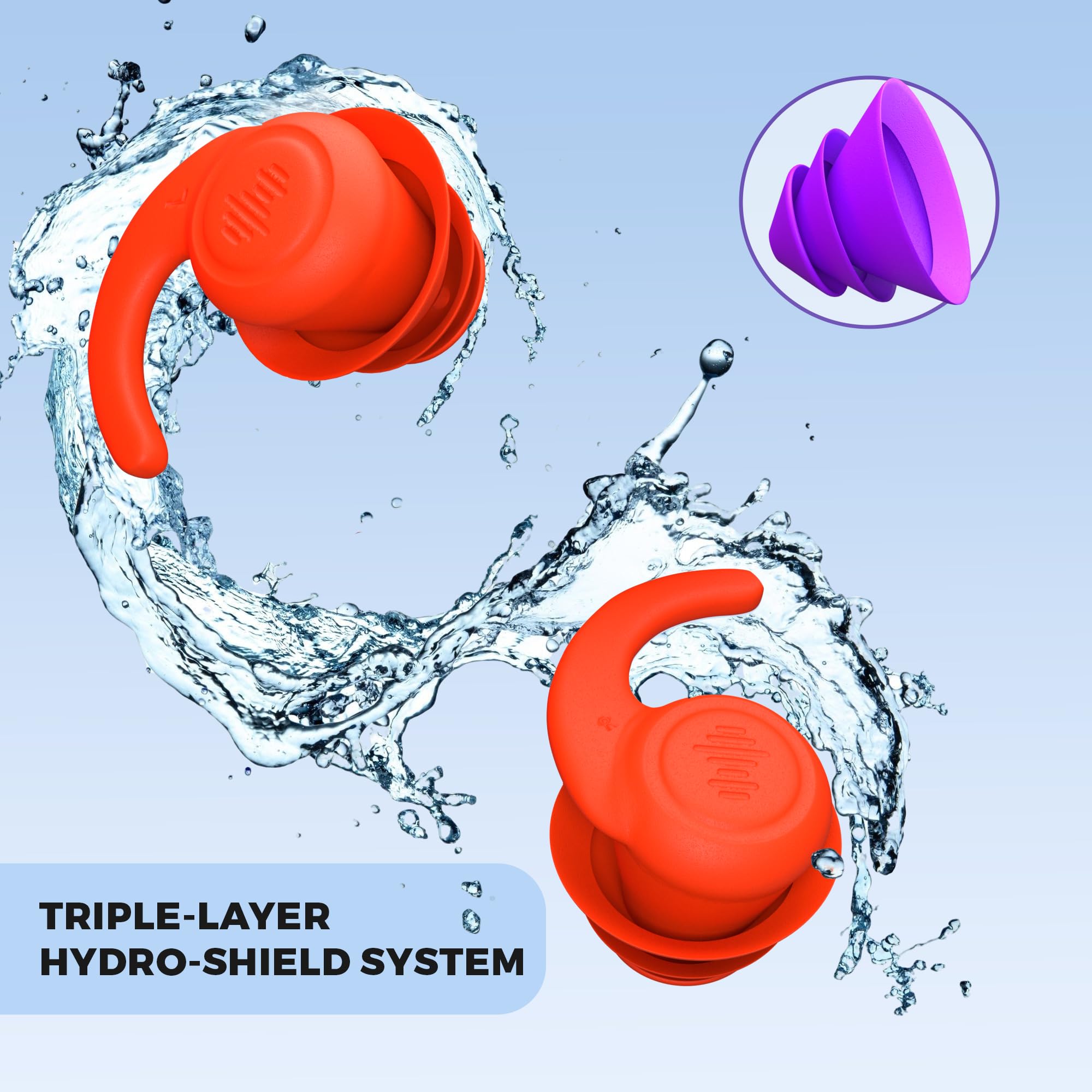 Pro Swim Tapones para los oídos, 3 pares, impermeables, reutilizables, de silicona, para natación, surf, esnórquel y todos los deportes acuáticos, coral, rosa, morado