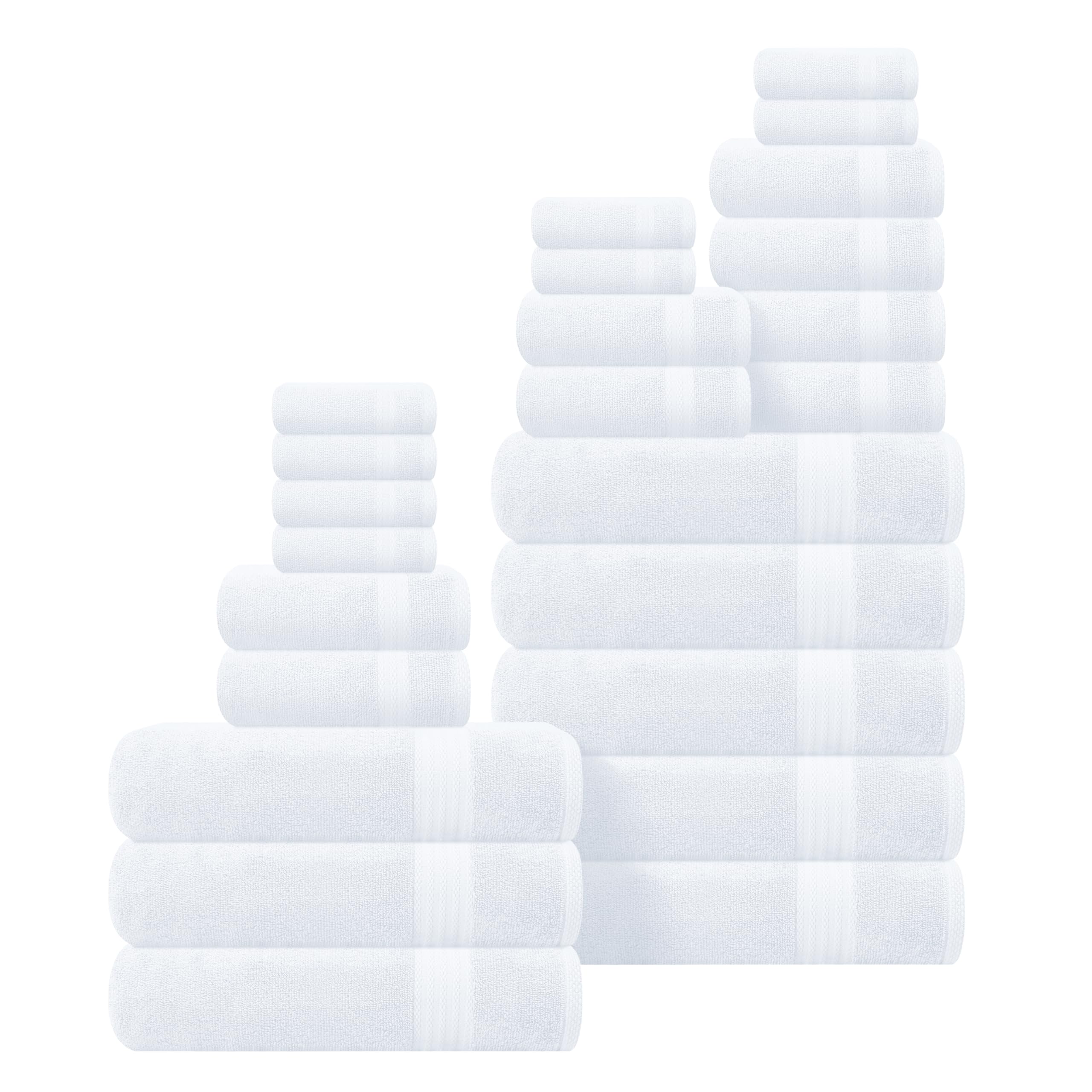 GLAMBURG Ultra Soft 24-Piece Towel Set - 100% Pure Ringspun Cotton, Contains 8 Oversized Bath Towels 27x54, 8 Hand Towels 16x28, 8 Wash Cloths 13x13 - Ideal for Everyday use, Hotel &amp; Spa - White