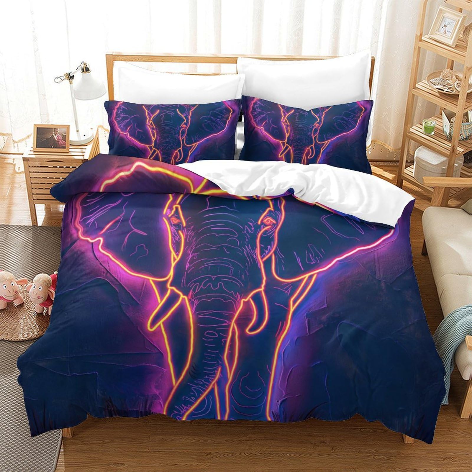 Parure de lit éléphant 260x220 cm en microfibre avec housse de couette et taies pour lit King