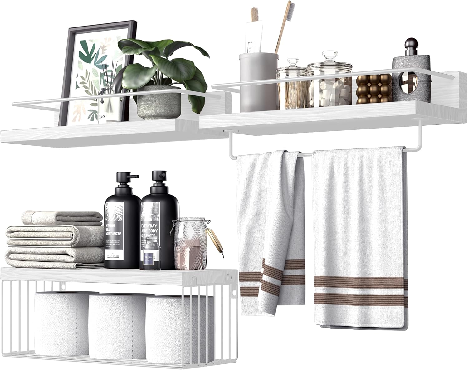 Bathroom Shelves Over Toilet for Wall, Floating Shelves with Storage Basket Paper Holer for Kitchen Living Room, Bedroom & Classroom, Set of 3 (White)