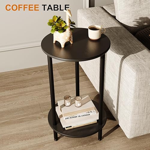 Miniatura 4 de Mesa auxiliar redonda pequeña, mesa auxiliar redonda negra con almacenamiento, acento moderno de 2 niveles, mesa de noche para sala de estar,