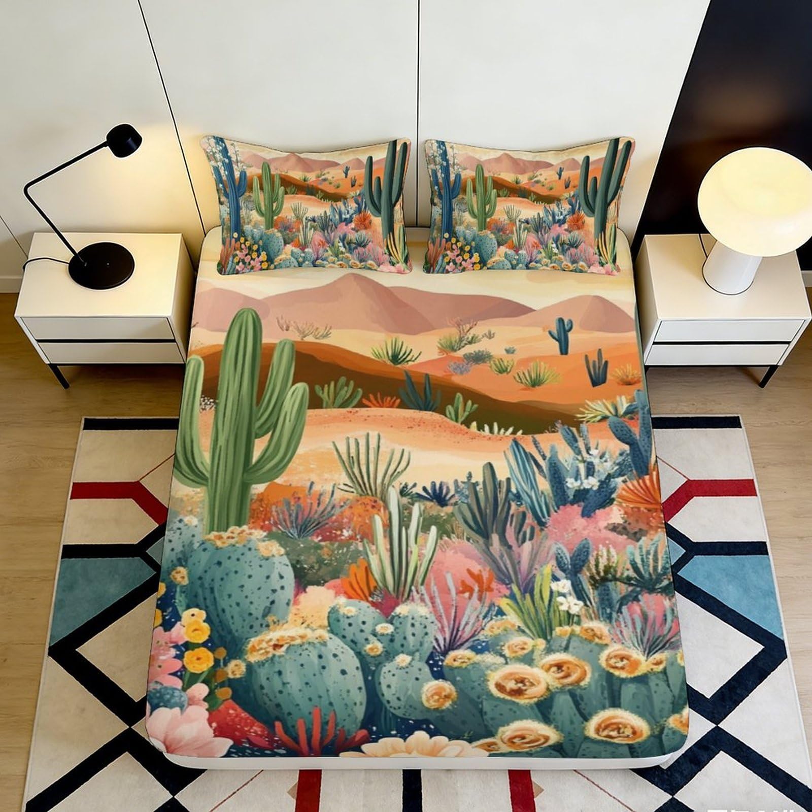 3D Printed Desert Landscape Fitted Sheet Microfiber Soft Cactus Meadow Mattress Cover for Bedroom Dorm Decor 90x200x25cm