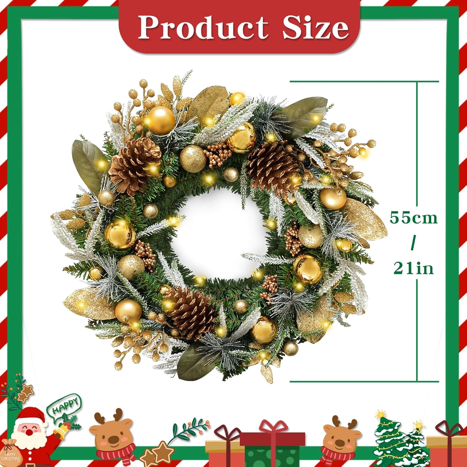 Christmas Wreaths with Lights,Prelit Wreath Front Door, Battery Operated 30 LED Light Up Xmas Wreath Decorative Hanging Ornament,Lighted Christmas Wreaths Outdoor