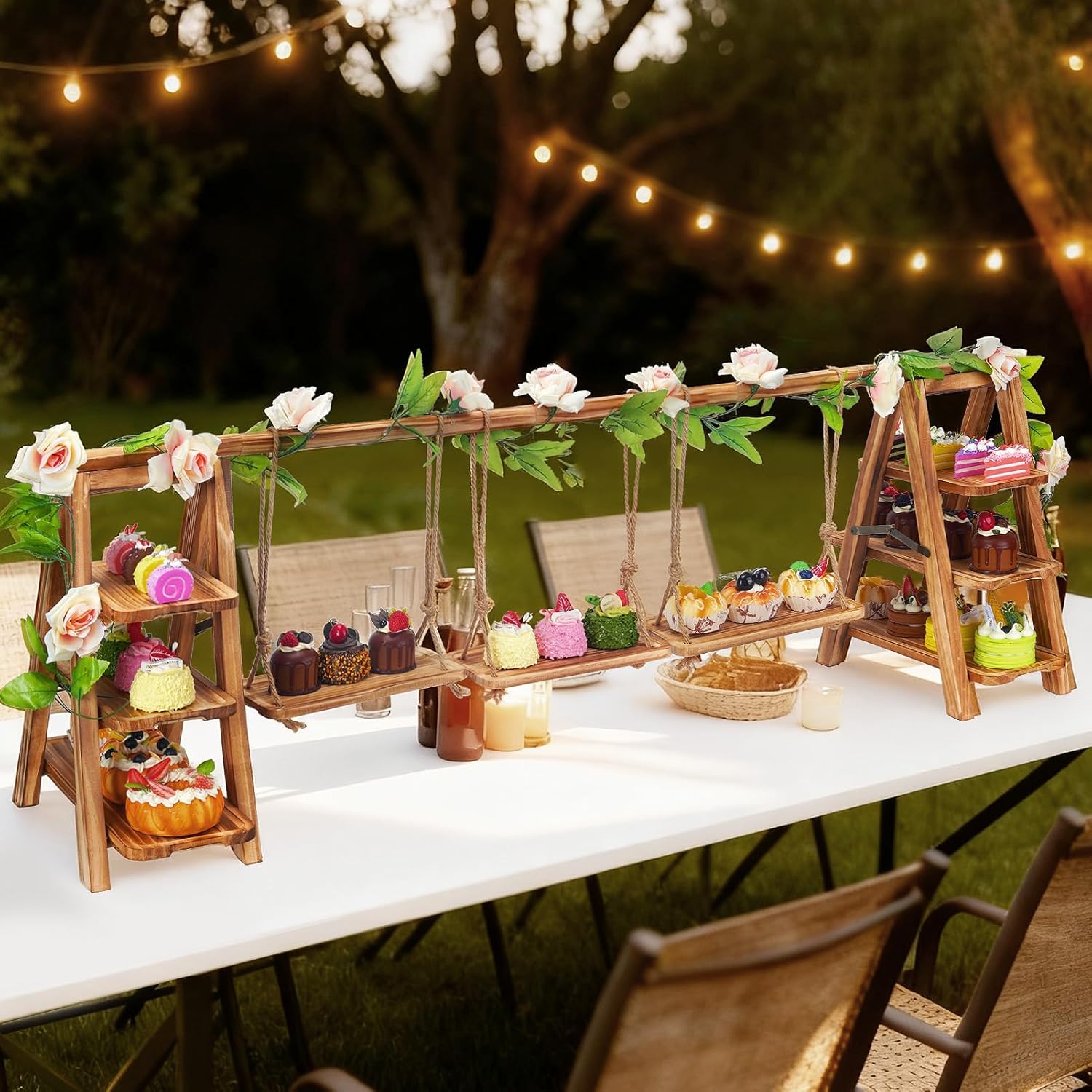 Wooden 3 Tier Cupcake Stand with Artificial Flower Vine Hanging Swing Trays Foldable & Removable Design for Birthday Wedding Catering Baby Shower Party