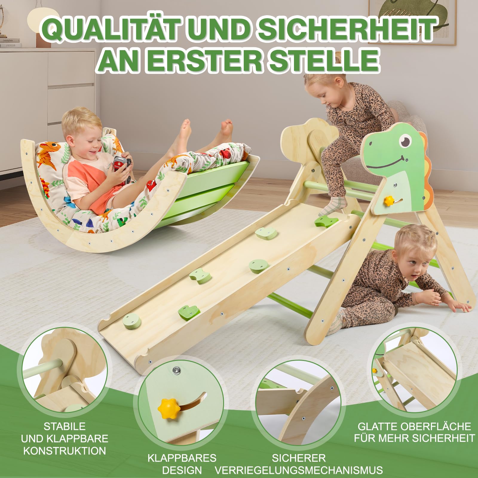 7-in-1 Montessori Kletterdreieck Set mit Rutsche, Kletterbogen & weichem Kissen – Holz Klettergerüst für Babys & Kleinkinder, Indoor Spielgerät, faltbar & sicher (Dinosaur)