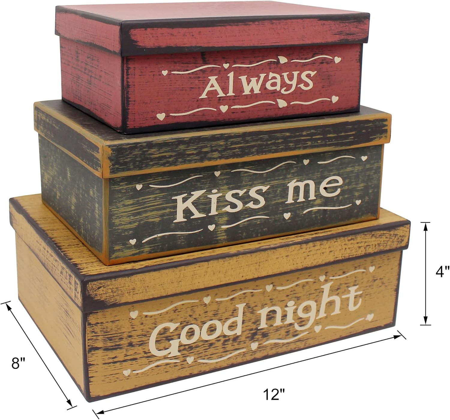 CVHOMEDECO. Primitives Vintage Rectangular Cardboard Nesting Boxes Always Kiss Me Good Night for Photos Memories Keepsakes and Home Decor., Large 12 X 8 X 4 Inch. Set of 3.