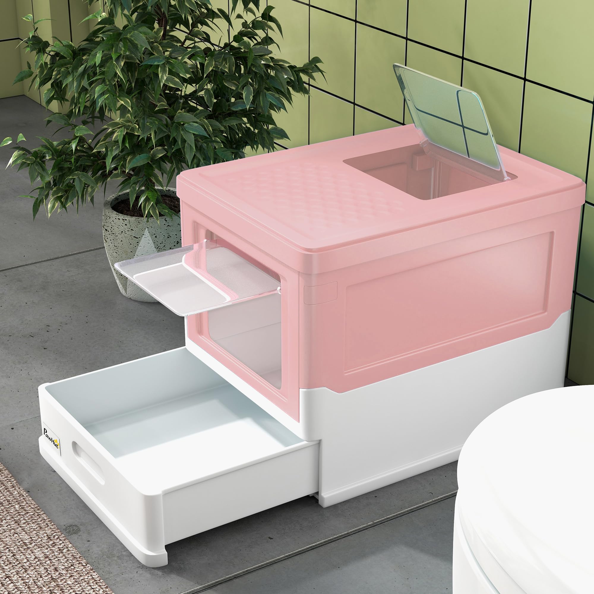 PawHut Bac à litière pour Chat Maison de Toilette fermé Pliable Double Porte battante et supérieure + Pelle + tiroir Amovible Anti-éclaboussures Nettoyage Facile - 47,5x35,5x36,7cm Rose Blanc