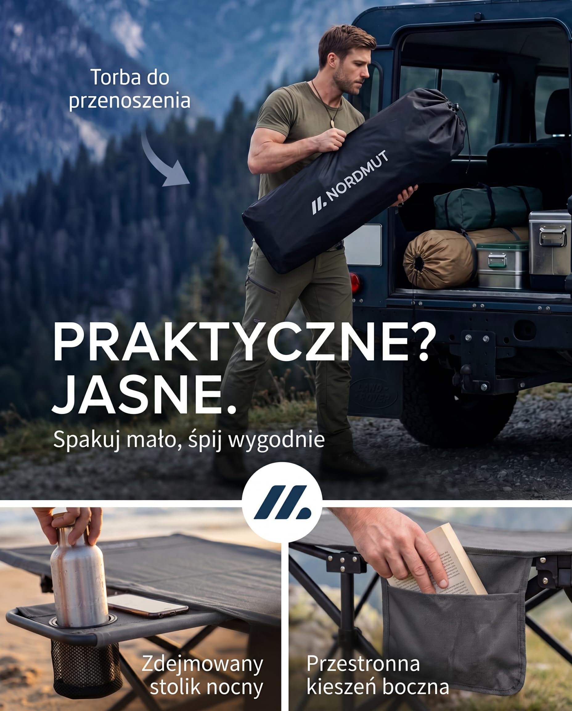 NORDMUT® Składane łóżko polowe z wygodnym materacem – Stabilne łóżko campingowe o nośności do 200 kg – Premium dla gości do camping, ogrodu i podróży (Popielaty/bz nakładem)