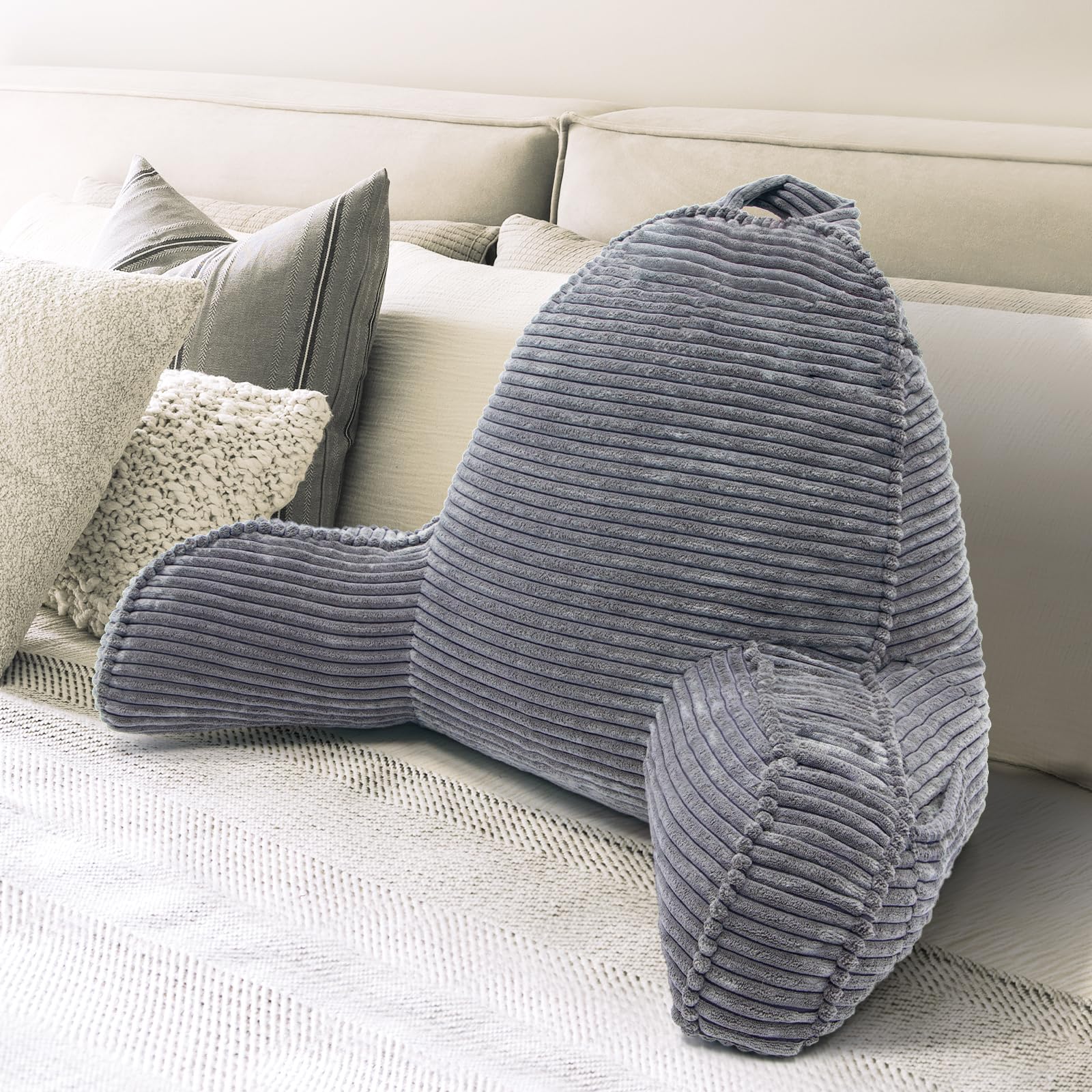 Reading Pillow, Bed Pillow for Sitting Up with Shredded Memory Foam for Adult Children Backrest, Back Pillow for Bed & Couch with Arms & Pockets & Washable Cover (Dark Gray)