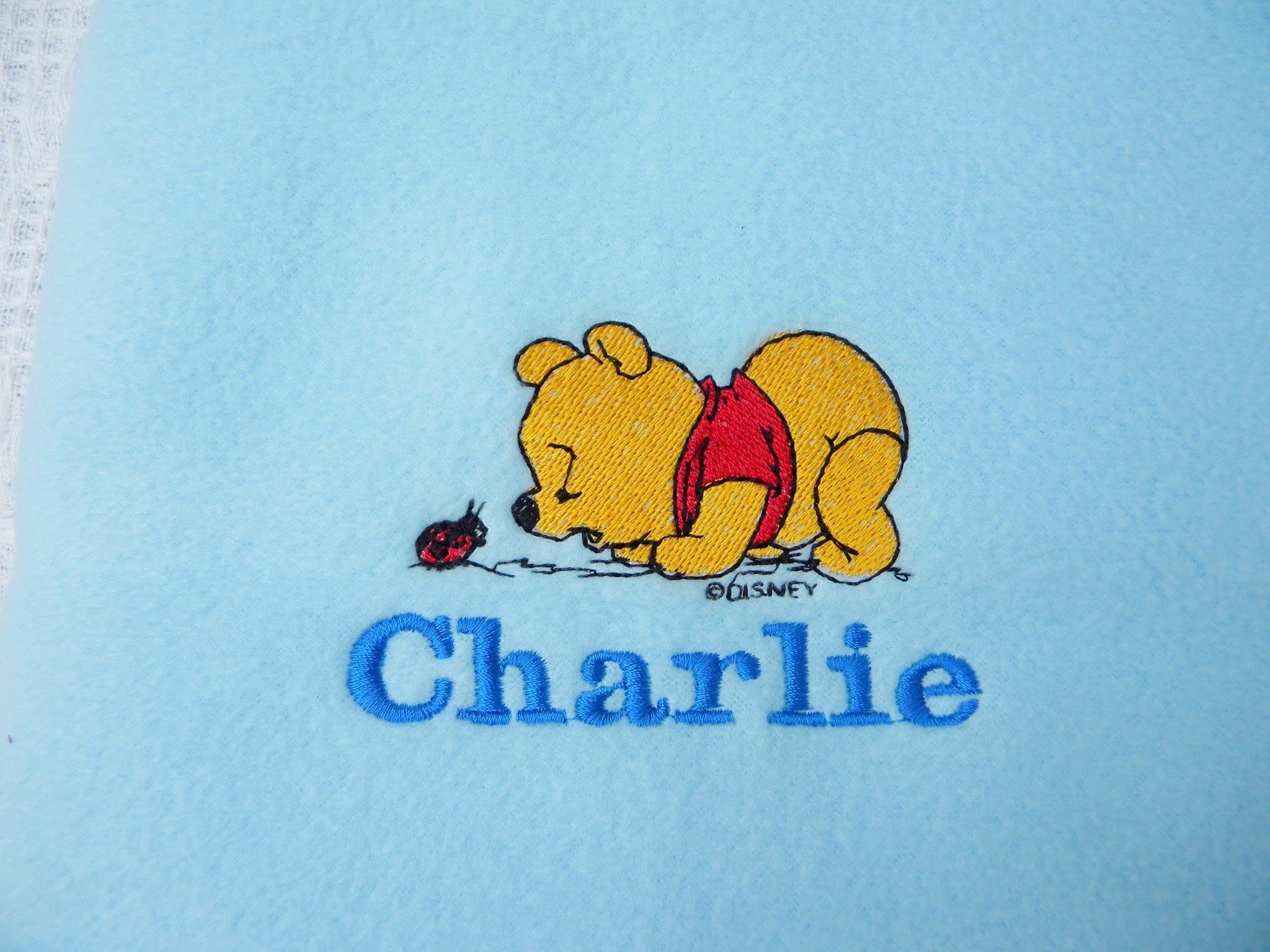 Personalised Baby Blanket with Disney Winnie The Pooh Keepsake Birth Gift boy Girl Pink Blue White Lemon Baby Shower (Blue)