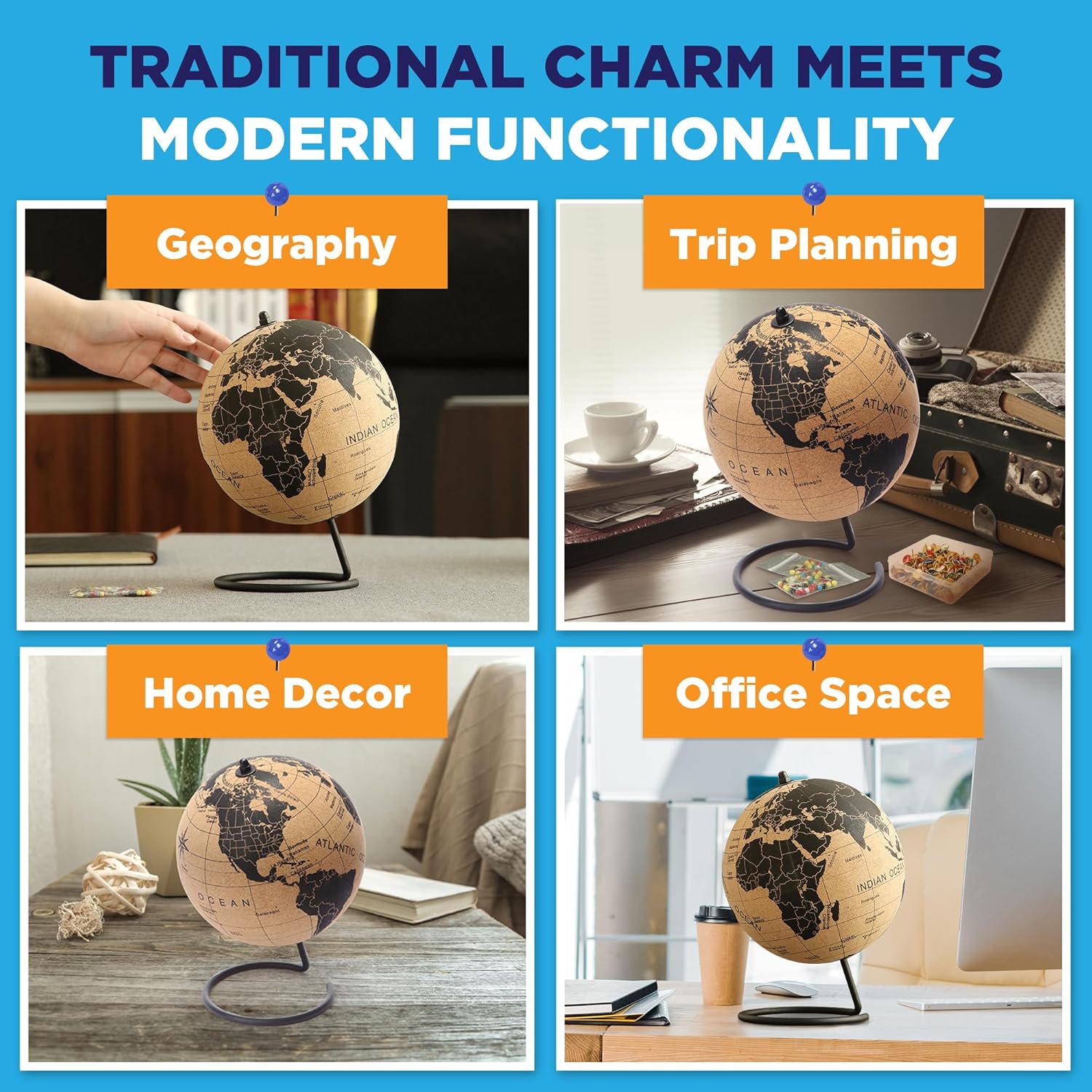 Cork Globe with Push Pins - 9.4” Globe with Map of the World and Rotating Stand for Adults, 100 Metallic and 100 Colored Push Pins - World Map for Home, Office, Travel