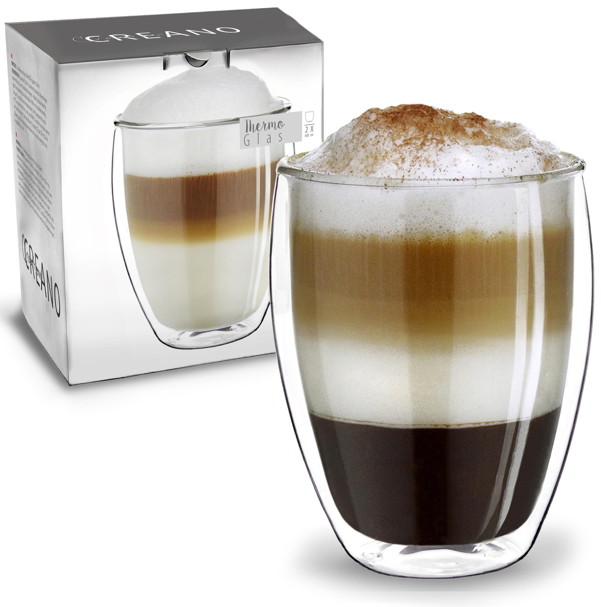 Creano doppelwandiges XXL Thermoglas 400ml, Extra großes hitzebeständiges Kaffeeglas/Teeglas/Latte Macchiato aus Borosilikatglas