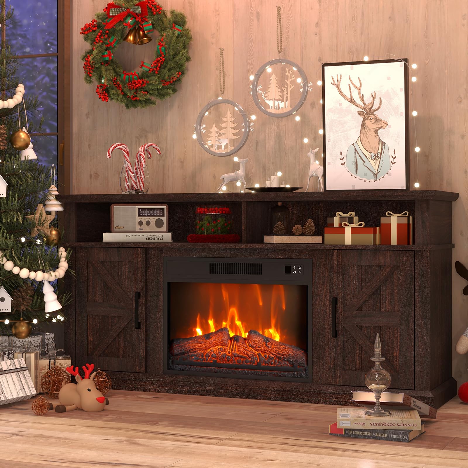 LubanNese Fireplace TV Stand for TVs with 23" Electric Fireplace, Entertainment Center with Storage Cabinet and Open Shelves, Media Console with Barn