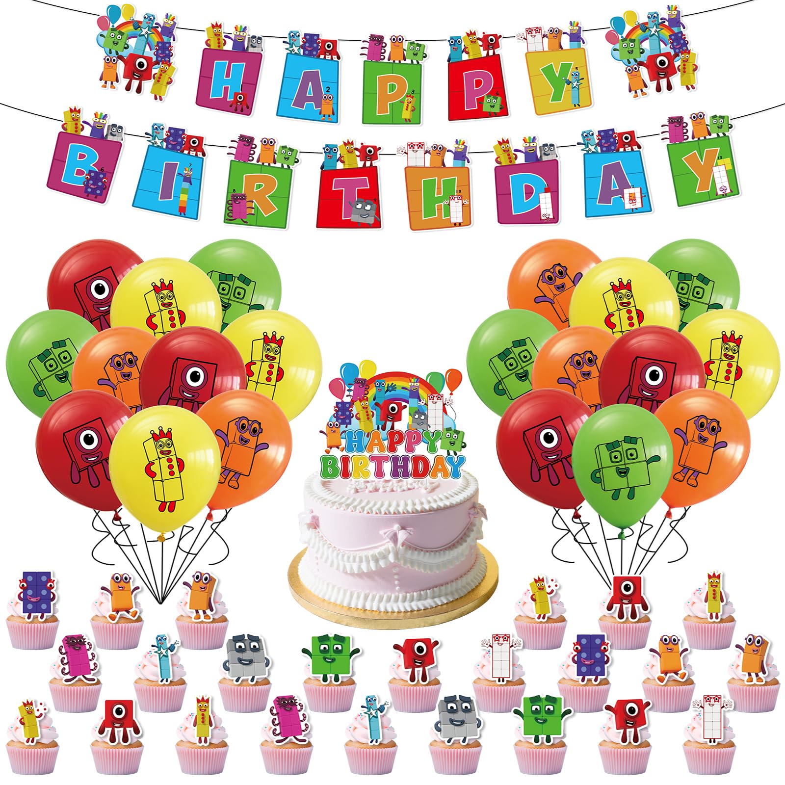 46Pcs Number Birthday Decorations, Blocks Party Supplies Number Theme Party Decorations,Happy Birthday Banner Balloons Cake Topper for Kids Boys Girls