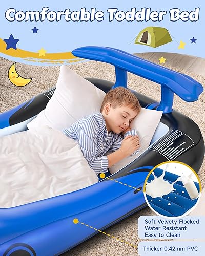 Miniatura 7 de Cama inflable de viaje para niños pequeños con parachoques de seguridad y bomba de inflado automático de 2 minutos, colchón de aire portátil para