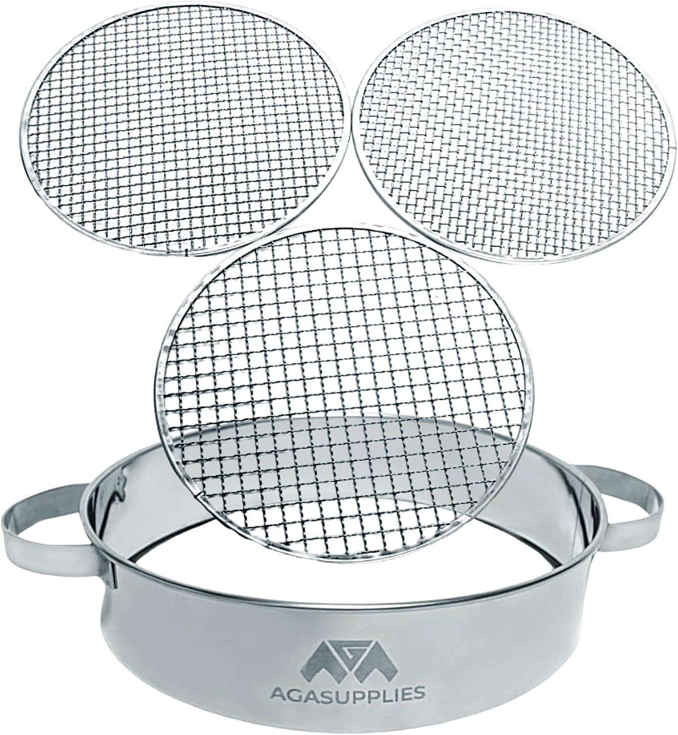 Soil Sifter Set with Handles & 3 Replaceable Mesh Sifters – 30 Cm Stainless Steel Soil Sifter for Gardening, Compost & Bonsai – Large Garden Sifting Tray for Topsoil, Rocks & Sand – Mesh Sieve Set