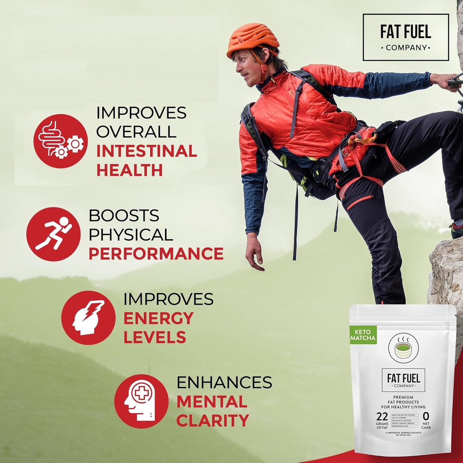 FAT FUEL Keto Matcha 22g Premium Fats - With Grass Fed Butter, MCT Oil, Coconut & Redmond Real Salt - Instant Organic Matcha, Zero Net Carb, A True Meal Replacement - 15 Servings