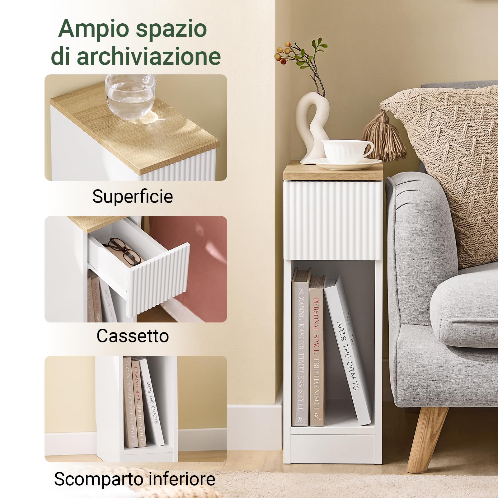 SoBuy comodino camera da letto 20 cm, tavolino da letto e tavolino salotto con cassetto fisso e frontale a onde, tavolino salvaspazio per camera e piccoli ambienti, Bianco, 20x35x60 cm, FBT111-W