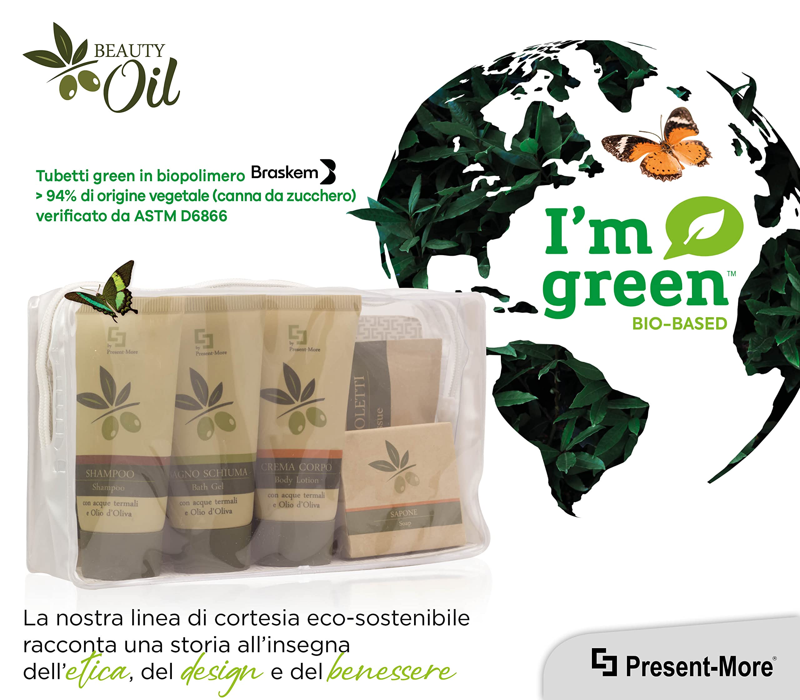 PRESENT-MORE - Set Cortesia 12 Ospiti Beauty Oil - Fragranza Tahitian - Contiene: Shampoo, Gel Doccia, Crema, Sapone e Accessori - Made in Italy - Per Hotel e B&B