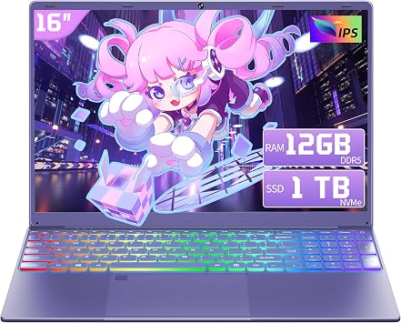16" Purple Laptop for Home, Study & Daily Use, 12GB LPDDR5 RAM, 1TB SSD, Quad-Core N95 Processor, 2K IPS Display, Color Backlit Keyboard, Fingerprint Unlock