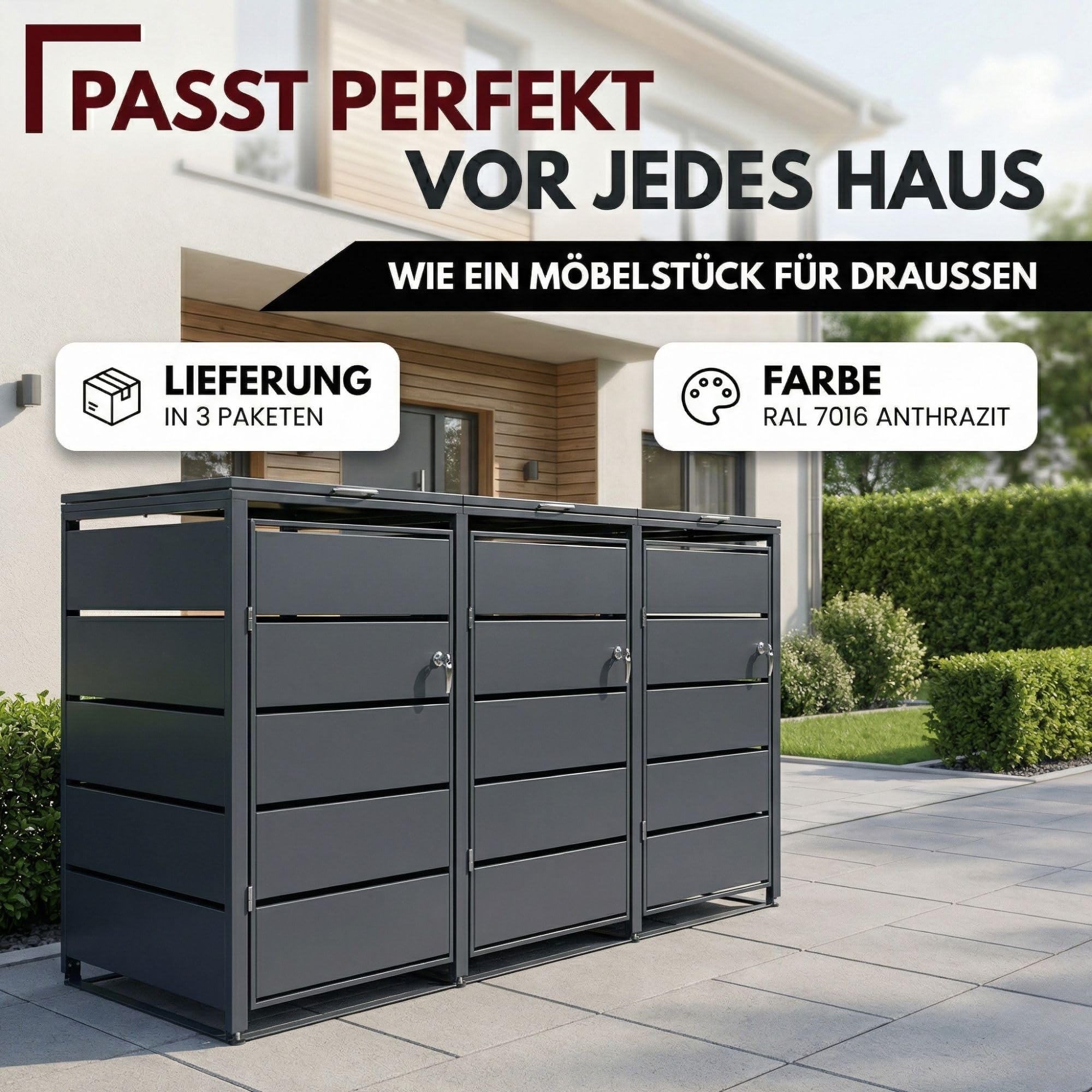 ALBATROS Mülltonnenbox 3er, 120L bis 240L, für DREI Tonnen, Mülltonnenverkleidung aus verzinkten Metall, Anthrazit Grau RAL7016, abschließbar, wetterfest, geprüft nach ISO9227, mit Aufkleber Set