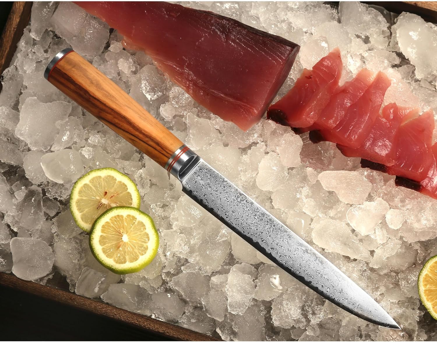 YOUSUNLONG Japanese Sushi Sashimi Knife Carving Knife 8 Inch（20.32cm） - 67 layer Damascus Steel - Italian olive wood with Leather Sheath